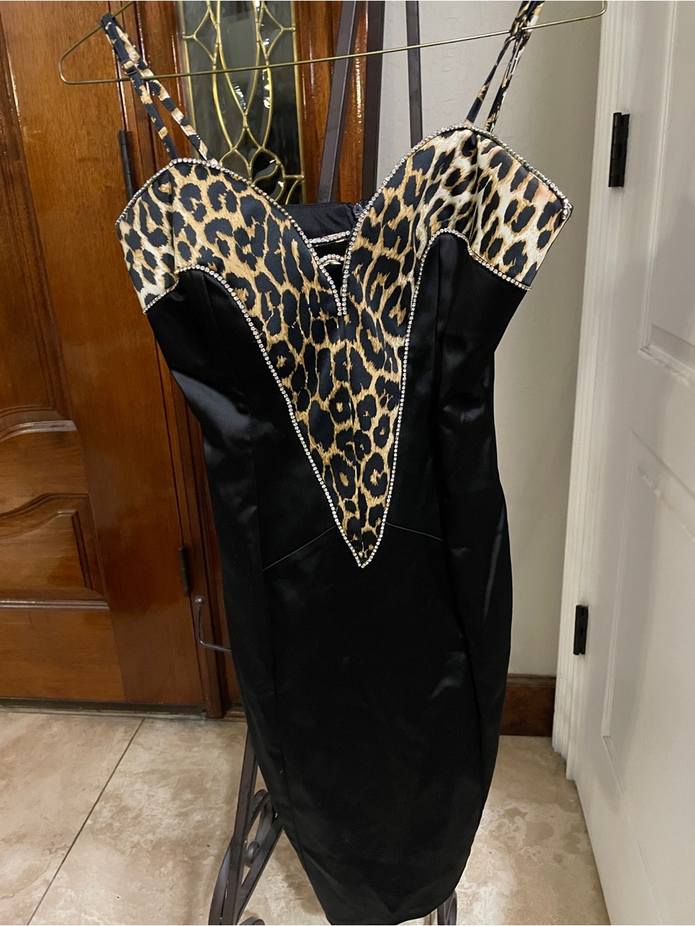 Hot Dress Leopard Black Bodycon rhinestones Dress - Women's size 2-4  Strapped